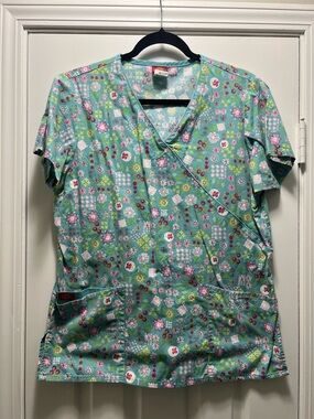 Dickies Floral Scrub Top Green with Pink Accents